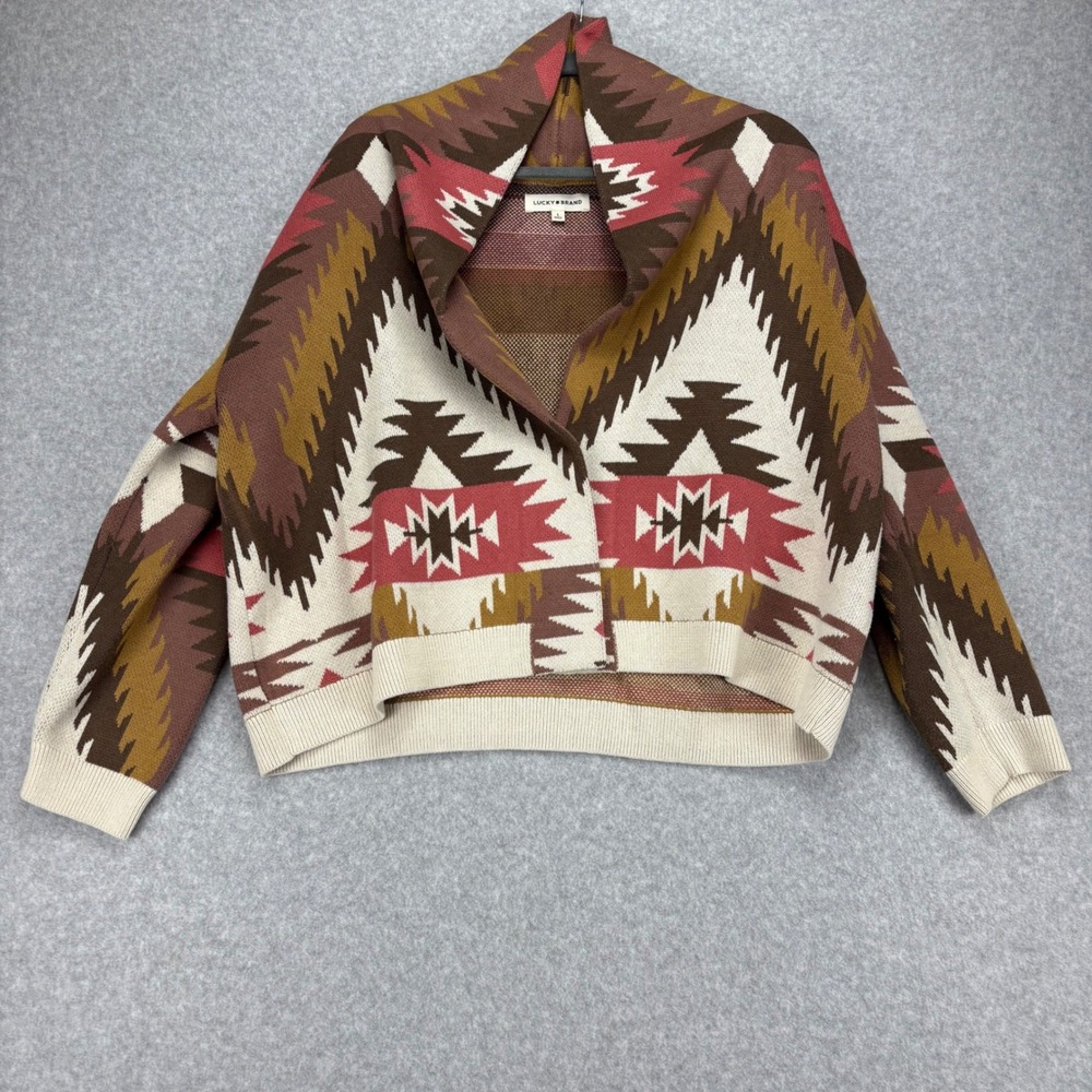Lucky Brand Cardigan Women L Brown Southwestern Aztec Shawl Neck Sweater Boho